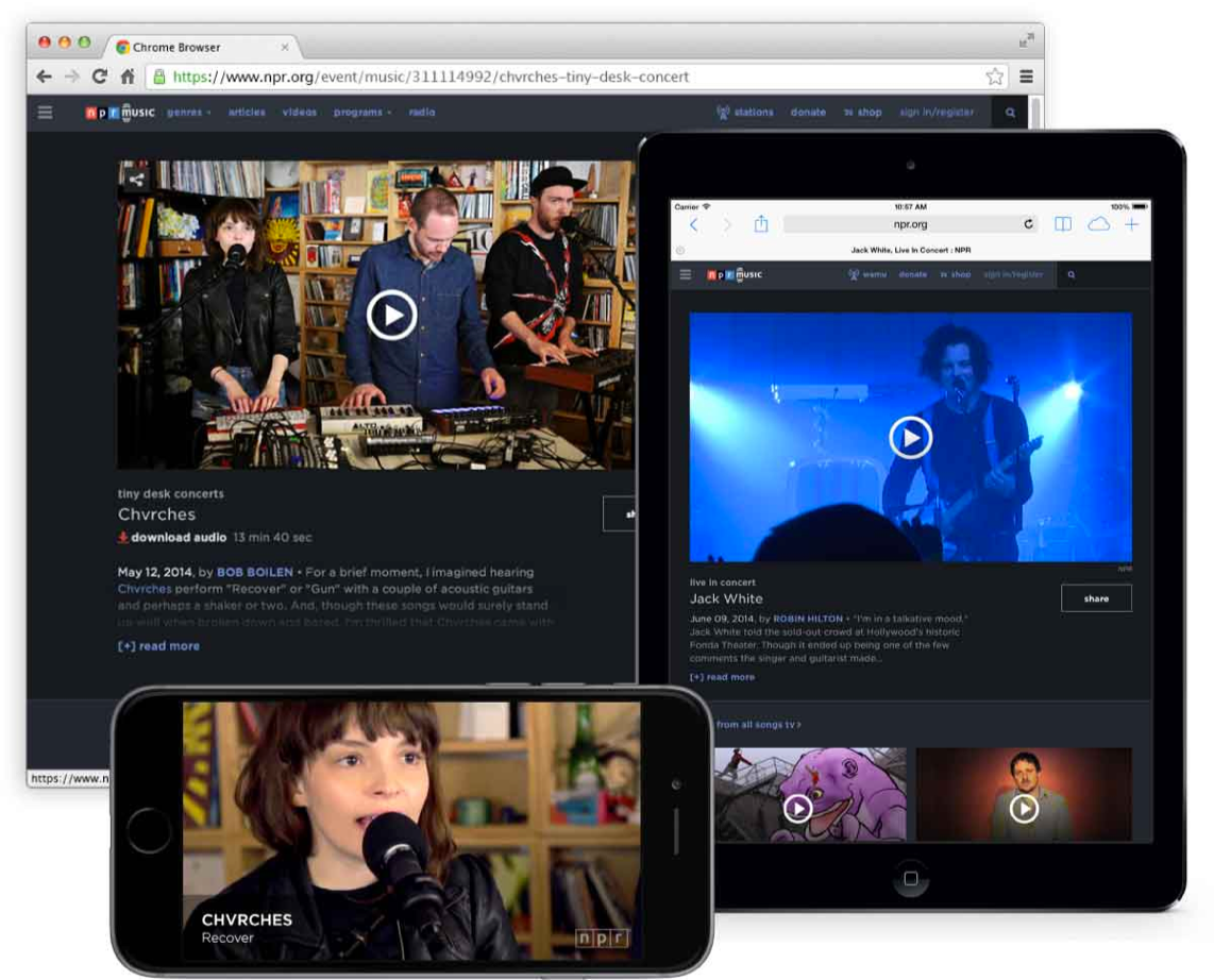 Web browser, iPhone, and iPad with NPR Music displayed