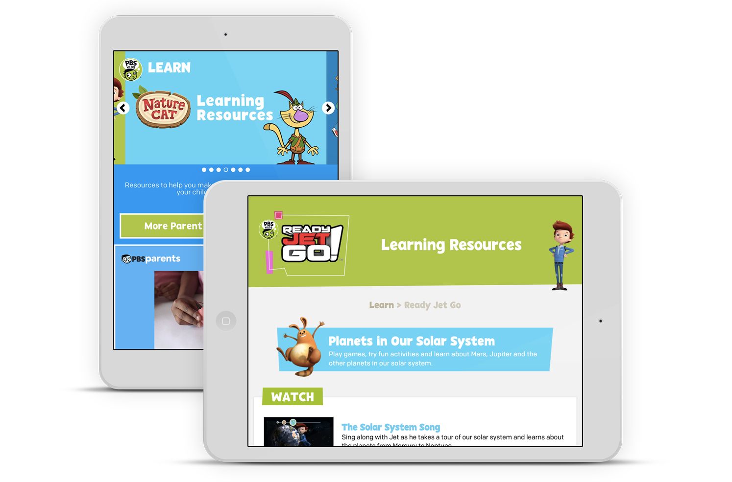 Web browser, iPhone, and iPad with PBS KIDS displayed